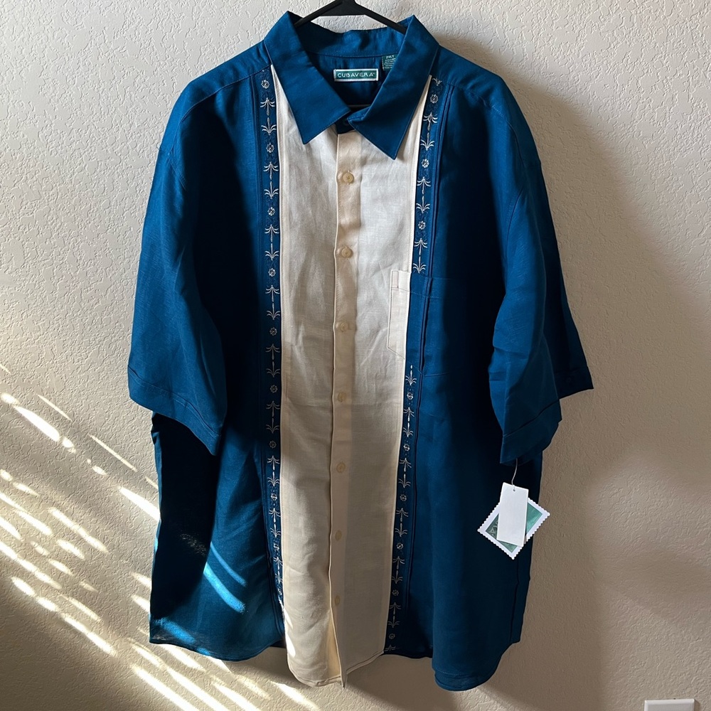 Cubavera Men’s Guayabera Shirt | 2XLT | Cream & Blue | Short Sleeve | NWT - Picture 1 of 9